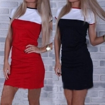 Fashion Contrast Color Short Sleeve Round Neck Slim Fit Dress
