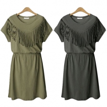 Fashion Solid Color Short Sleeve Round Neck Oversized Tassel Dress