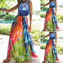 Bohemian Style Off-shoulder High Waist Printed Chiffon Maxi Dress