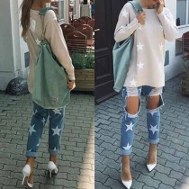 Vogue Round Neck Long Sleeves Letters Stars Printed Tops