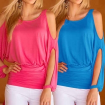 Sexy Off-shoulder Long Sleeve Round Neck Solid Color T-shirt