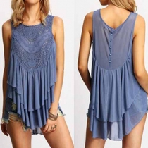 Chic Style Lace Spliced Sleeveless Round Neck Irregular Hem Tops