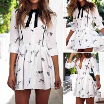 Sweet Printed Long Sleeve POLO Collar Shirt Dress