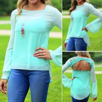 Sexy Lace Spliced Backless Trumpet-sleeve Chiffon Tops + Cami Tops Two-piece Set