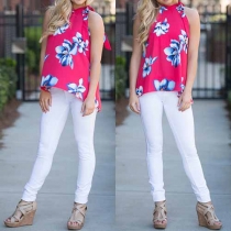 Fashion Sleeveless Round Neck High-low Hem Printed Lace-up Tops