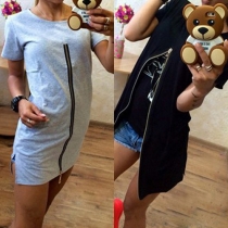 Fashion Short Sleeve Round Neck Front Zipper Dress