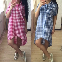 Fashion Short Sleeve POLO Collar High-low Hem Plaid Dress