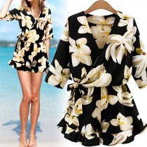 Sexy Deep V-neck Half Sleeve Printed Rompers