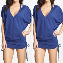 Sexy Deep V-neck Short Sleeve Solid Color Dress