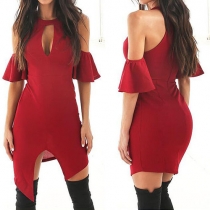 Sexy Solid Color Cold Shoulder Hollow Out Irregular Hem Dress