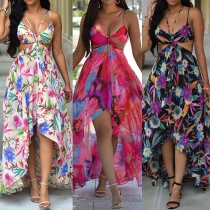 Sexy Round Neck Sleeveless Flowers Printed Irregular Hem Sling Dress