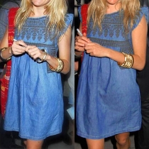 Fashion Round Neck Cap Sleeve Printed Denim Dress