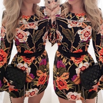 Trendy Round Neck Long Sleeve Flowers Printed Gathered Waist Dress