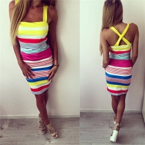 Sexy Sleeveless Colorful Stripes Printed Cross Back Sling Dress