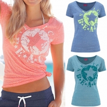 Fashion Style V-neck Printed Short Sleeve T-shirt