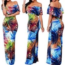 Sexy Off Shoulder Ruffle Printed Bodycon Maxi Dress
