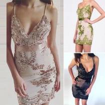 Sexy Deep V-neck Backless Gathered Waist Sequin Sling Dress