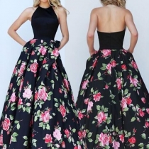 Elegant Round Neck Flowers Printed Halter Sleeveless Maxi Dress