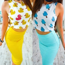 Cute Cartoon Printed Tops + High Waist Bust Skirt Two-piece Set