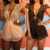 Sexy Deep V-neck Short Sleeve Hollow Out Organza Rompers