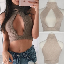 Sexy Turtleneck Sleeveless Hollow Out Knit Tank Tops