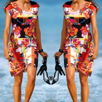 Fashion Style Printed Round Neck Short Sleeve Dress