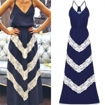 Sexy V-neck Lace Spliced Gathered Waist Sling Maxi Dress