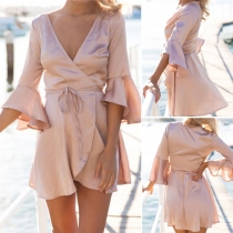 Sexy Deep V-neck Lotus Sleeve Solid Color Lace-up Dress