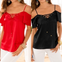 Sexy Off-shoulder V-neck Short Sleeve Solid Color Tops