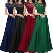 Sexy Hollow Out Lace Spliced Short Sleeve High Waist Evening Dress