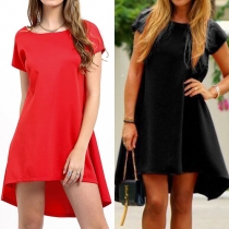Fashion Solid Color Round Neck Short Sleeve Backless Irregular Hem Dress