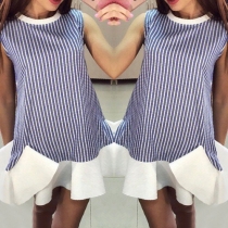 Sweet Round Neck Sleeveless Blue-white Striped Ruffle Dress