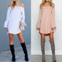 Fashion Solid Color Off shoulder Bowknot Long Sleeve Dress