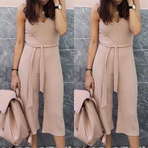 Sexy Solid Color V-neck Ribbed Sling Jumpsuit with Waist Strap