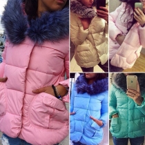 Fashion Artificial Fur Collar Long Sleeve Hooded Warm Padded Coat