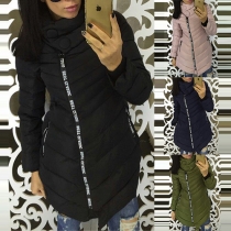 Fashion Stars/Letters Printed Long Sleeve Oblique Zipper Irregular Hemline Padded Coat