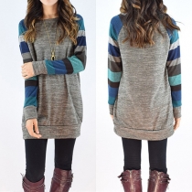 Stylish Colorful Striped Spliced Raglan Sleeve Round Neck Loose-fitting Dress