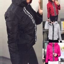 Fashion Letters Printed Front Zipper Long Sleeve Hooded Warm Padded Coat