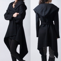 Fashion Solid Color Long Sleeve Hooded Irregular Hemline Gathered Waist Woolen Coat