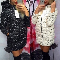 Stylish Printed Front Zipper Long Sleeve Hooded Padded Coat
