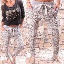 Casual Style Floral Printed Drawstring Waist Women's Pants