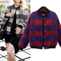 Fashion 2 Side Pockets Single-breasted Long Sleeve Lattice Crop Jacket For Women