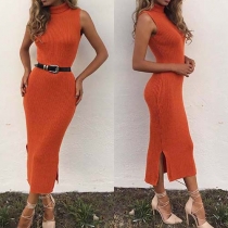 Sexy Solid Color Sleeveless Turtleneck Side Slit Slim Fit Knit Dress