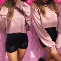 Sweet Style Solid Color Long Sleeve Hooded Women's Crop Sweatshirt