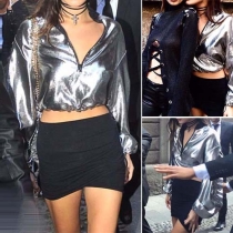 Fashion Solid Color Zipper V-neck Long Sleeve Crop PU Coat