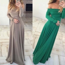 Elegant Solid Color Off Shoulder Backless Long Sleeve Slim Fit Maxi Dress
