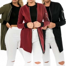 Stylish Solid Color Front Zipper Long Sleeve Stand Collar Women's Coat