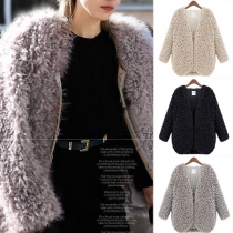 Fashion Solid Color Long Sleeve Fuzzy Crop Cardigan