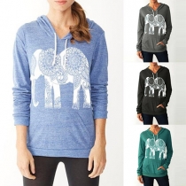 Casual Style Elephant Printed Front Pocket Long Sleeve Hooded Women's Sweatshirt