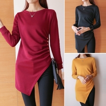 Stylish Solid Color Long Sleeve Round Neck Irregular Hemline Tops